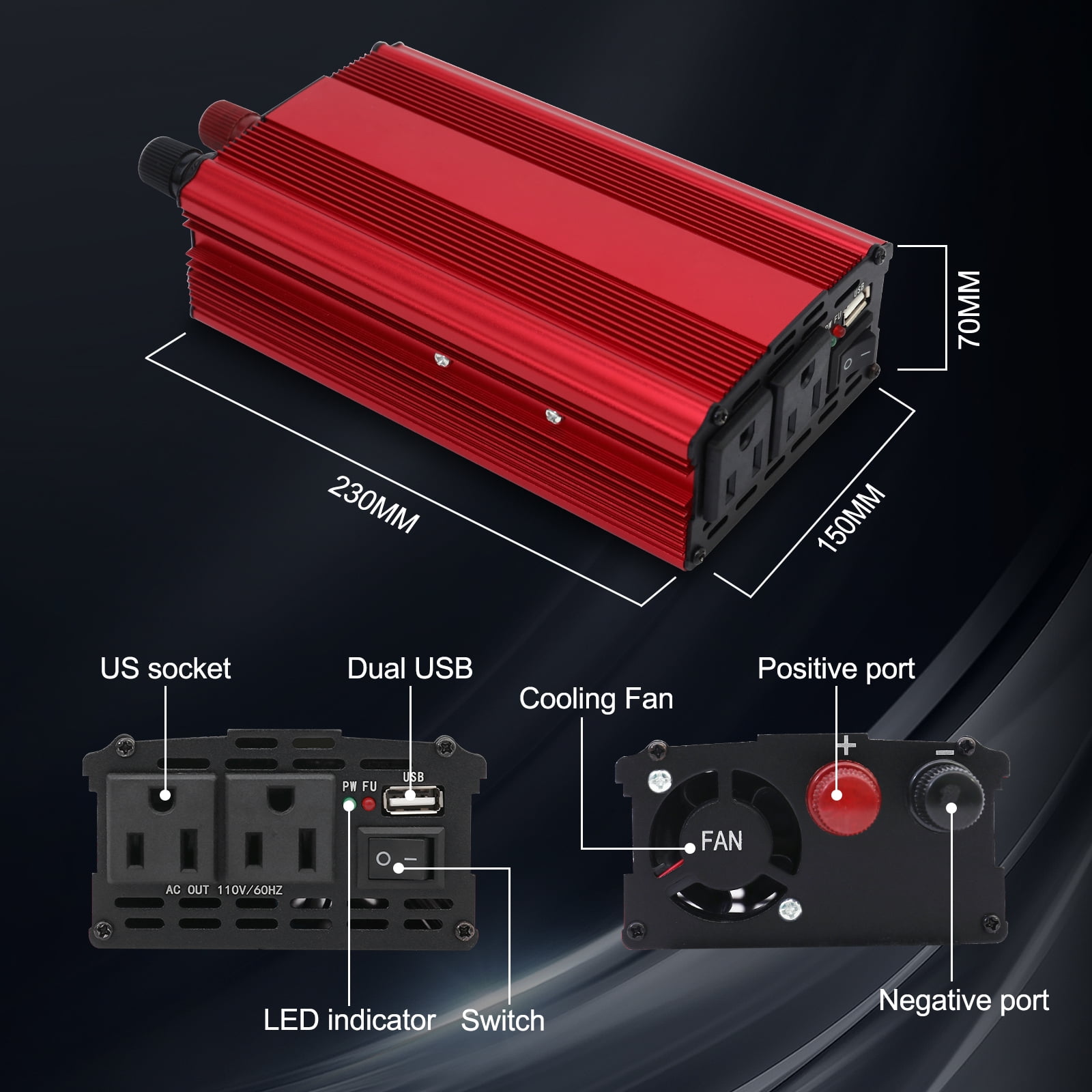 1500W DC 12V to AC 110V/220V Power Inverter Converter With Dual Outlets for Home Car Outdoor Use