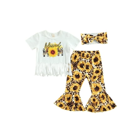 

CenturyX Toddler Baby Girls Summer Outfits Set Short Sleeve Tassel Tops Sunflower Print Flared Pants Headband Clothes