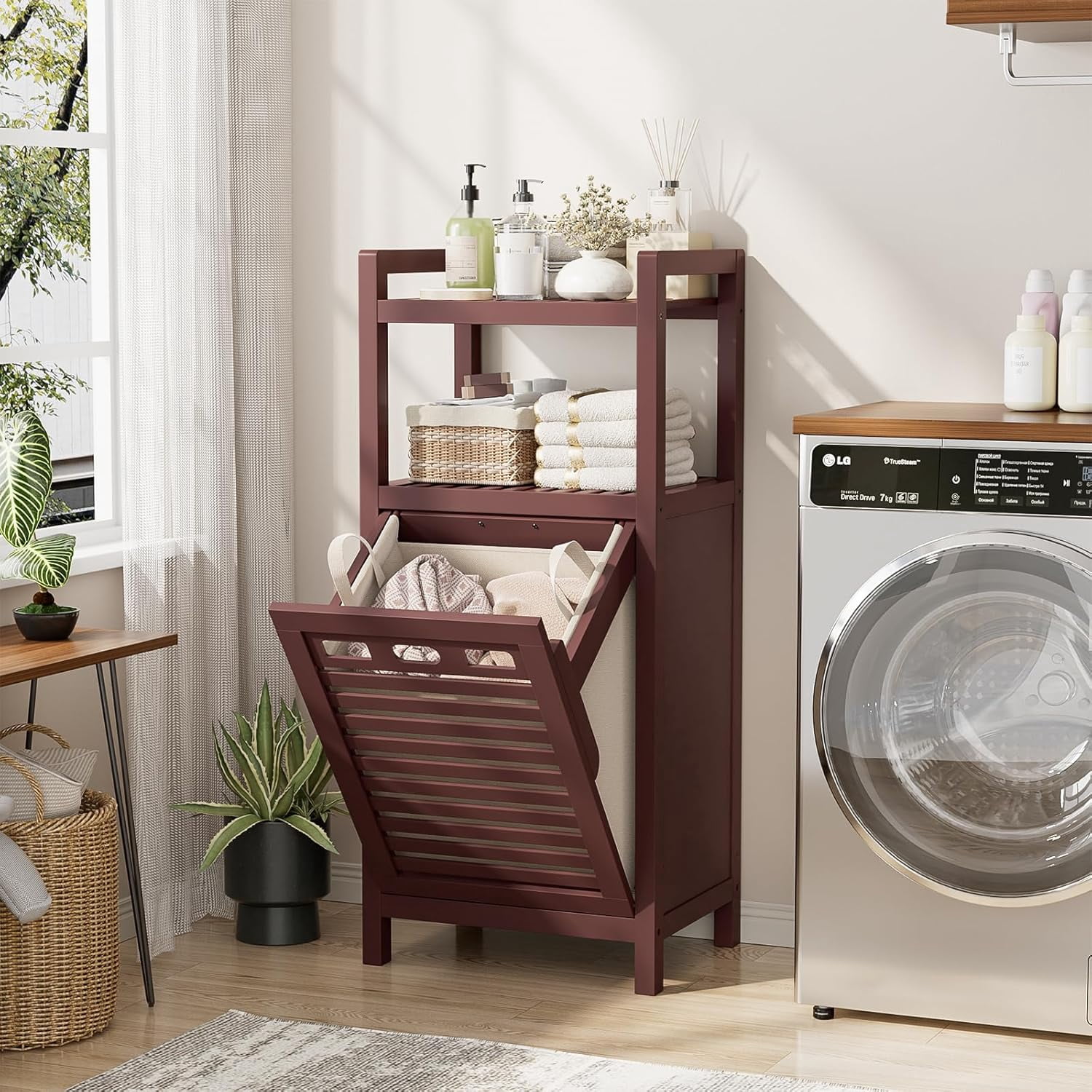 Tilt-Out Laundry Hamper Cabinet, 10 Gal Bamboo with Removable Basket and Shelf, Espresso