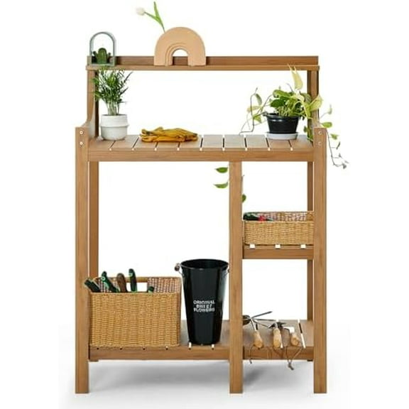 HDPS Potting Bench Table, Potting Bench, Potting Benches for Outside, 50’’x17.5x37.5' (LxWxH) All Weather Potting Table Work Station for Outside Gardening, Wooden Like$$Garden & Patio