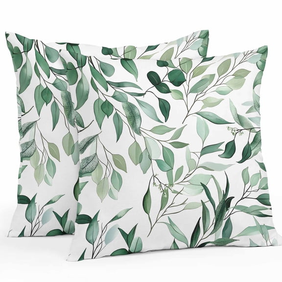 Green Eucalyptus Leaf Outdoor Pillow Covers Pack of 2 Watercolor Plant Farm Waterproof Throw Pillow Covers Decorative Cushion Cases for Patio Garden Tent Balcony Couch 20x20 inch