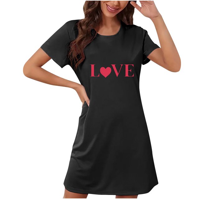 Amzcrzy Pyjamas pour Femmes Cadeaux de la Saint-Valentin pour Femmes Robe de Nuit Décontractée à Manches Courtes et Col Rond Mode avec Cœur Graphique