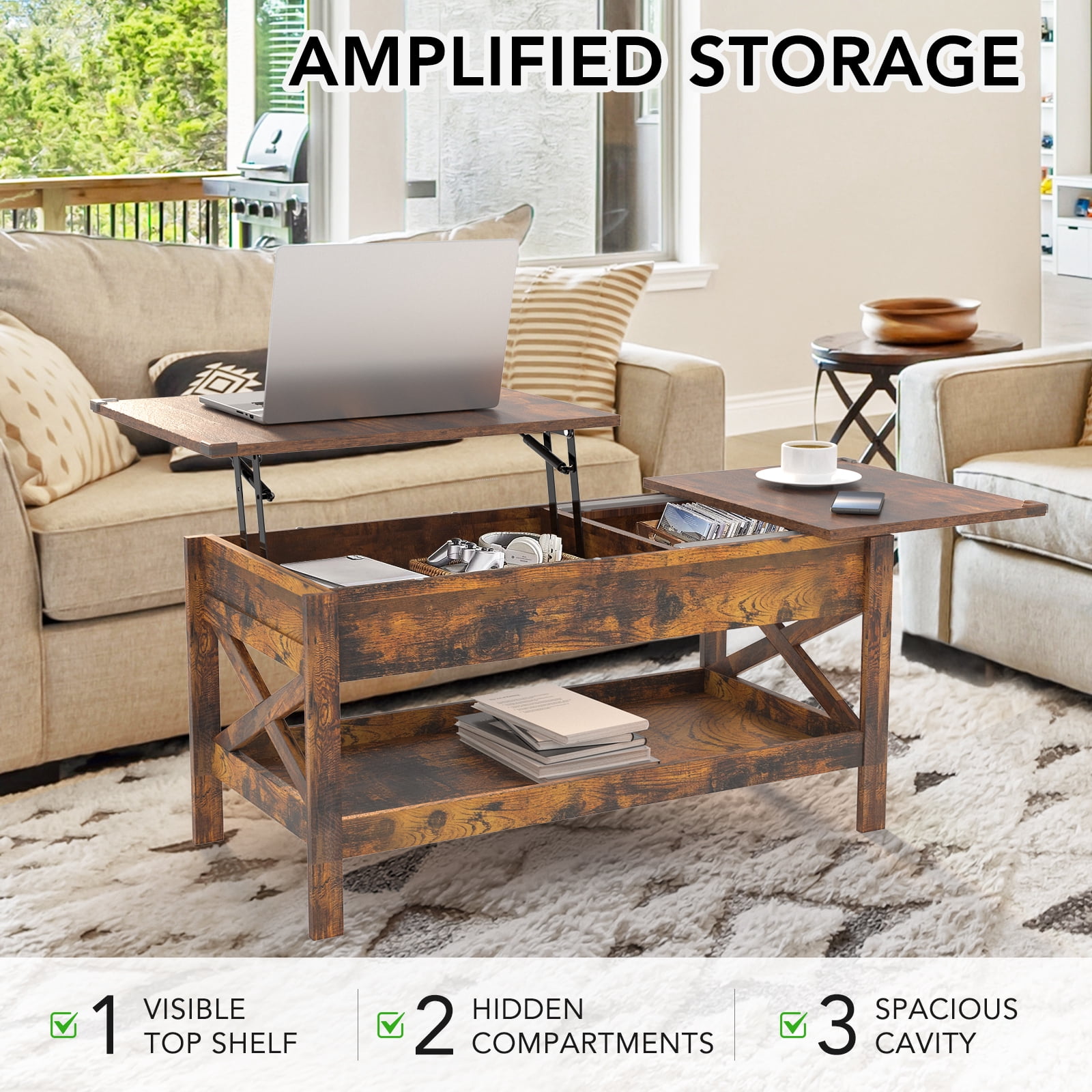 Nalone Coffee Table Lift Top Dining Table with Shelf, Center Table Adjustable Height Tea Tables Wooden Center Tables with Hidden Compartments for Living Room Apartments(Rustic Brown)