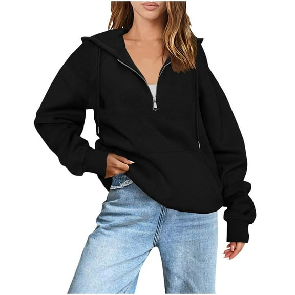 Sevevn Fashion Women's Casual Long Leeve Solid Pocket Ladies Hooded Tops Blouse Black L Gift for Adults