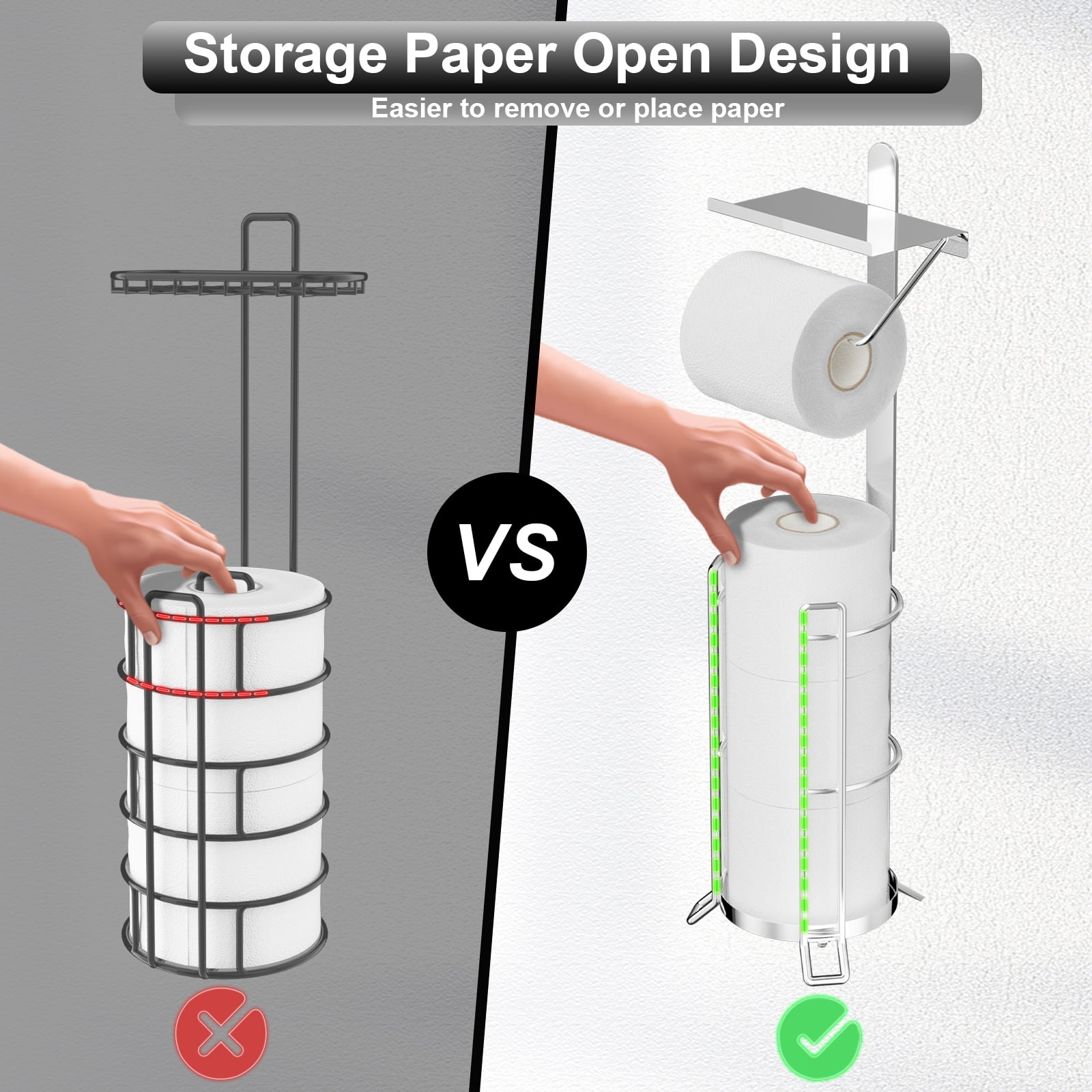 KASUNTO Toilet Paper Holder Free Standing, Toilet Paper Stand Storage with Reserve and Shelf, (Polished Chrome)