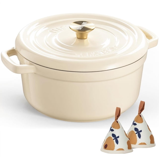 Overmont Cacerola de hierro fundido esmaltado, 26 cm, apta para horno, con tapa y libro de cocina, p