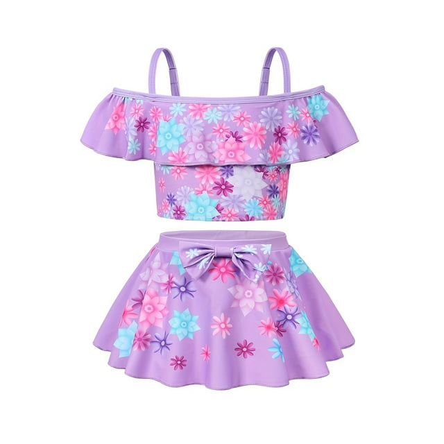 2pcs Toddler Girls Bikini Tankini Swimsuit Cold Shoulder Ruffle Trim Top & Bow Skort Set Princess Costumes Summer Beach Clothes Bathing Suits