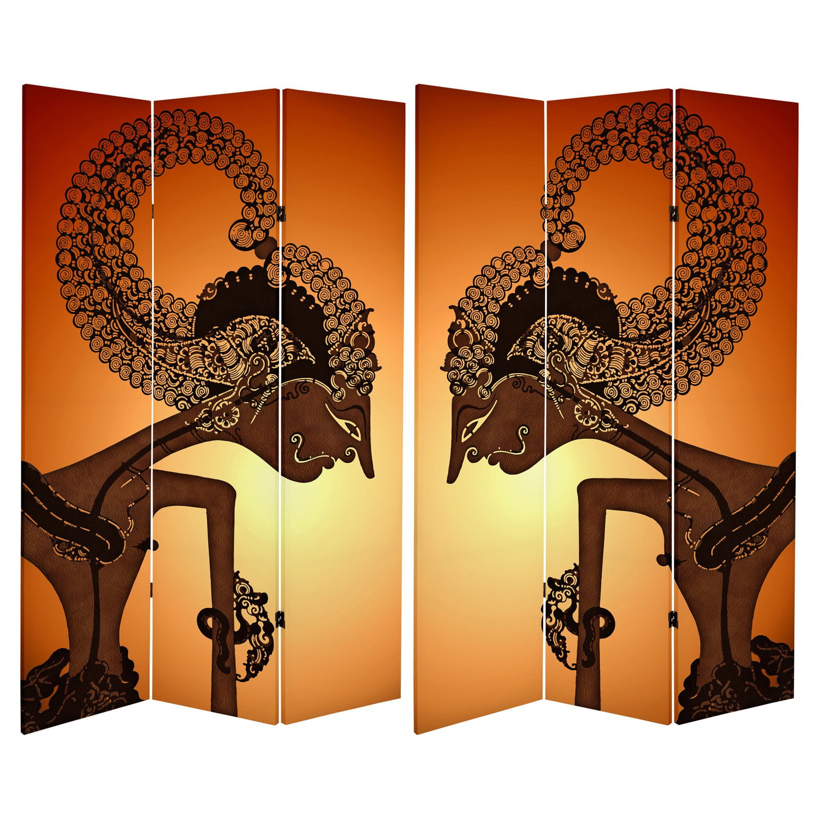 Oriental Furniture Double Sided Wayang Shadow Puppet Canvas 3 Panel Room Divider