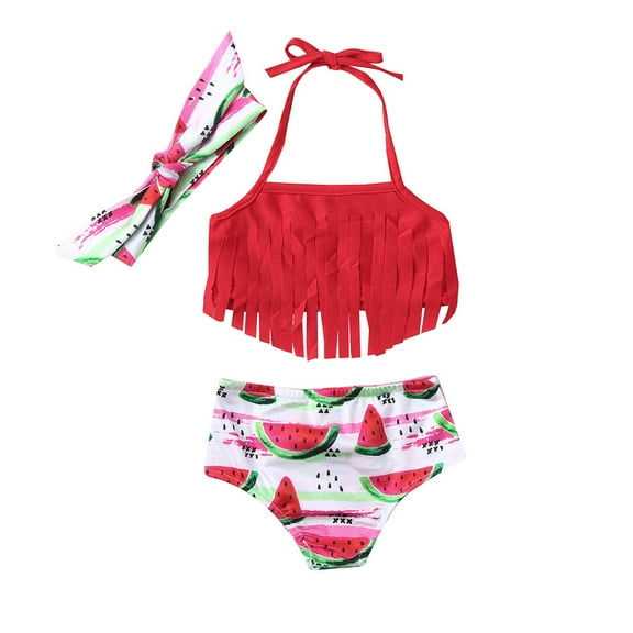 Fesfesfes Infant Kids Swimsuit Baby Girls Bathingsuit with Tassel Watermelon Print Summer Swimwear Swimsuit Outfits 3 Pieces Bikini Set with Headband