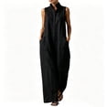 thumbnail image 2 of Puyaiuu Women Summer Stand Collar Button Front Sleeveless Wide Leg Linen Blend Jumpsuit Black XXXL Gift, 2 of 8