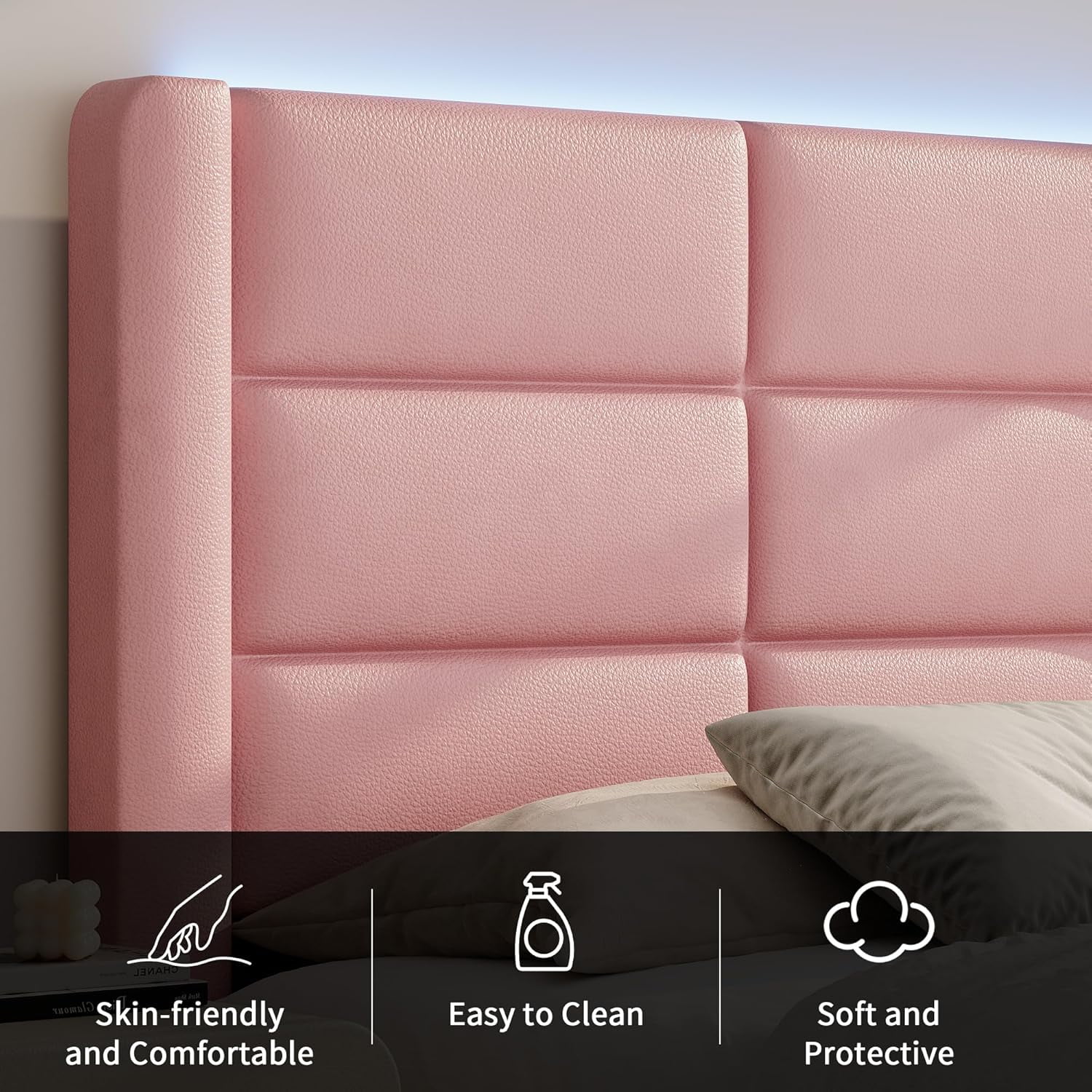 4 EVER WINNER Full Bed Frame with LED Light, Modern Upholstered Platform Bed Frame Headboard and Footboard, Pink Full Size Bed Frame, Pink