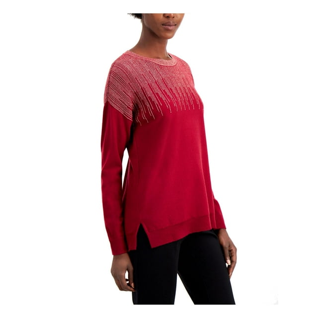 ALFANI Chandail à Manches Longues Rouge Pailleté Imprimé Col Rond pour Femmes Taille TG