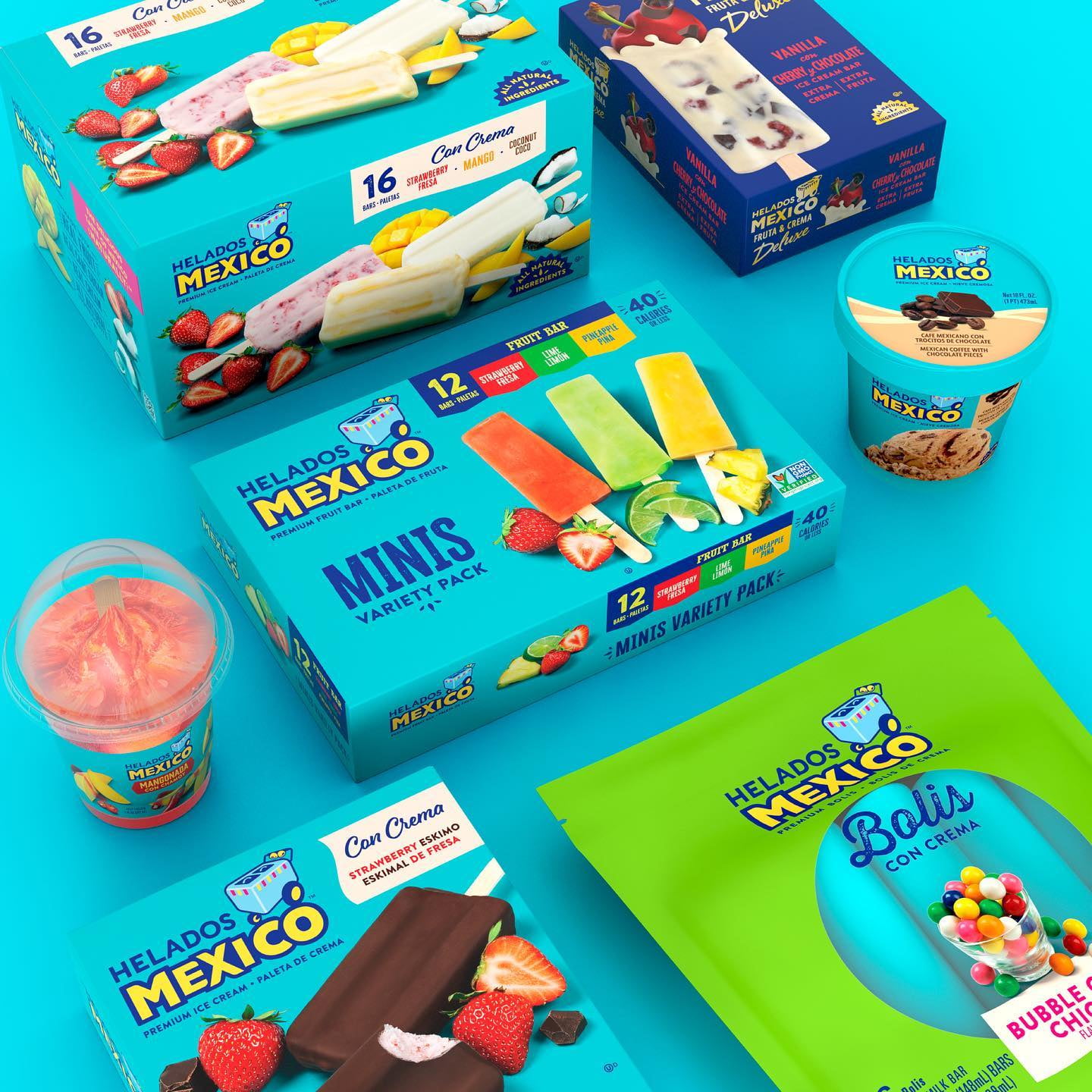 Helados Mexico Minis Strawberry, Coconut and Mango Real Fruit and Ice Cream Bars Variety Pack, Gluten-Free, Frozen, 36 fl oz, 24 count