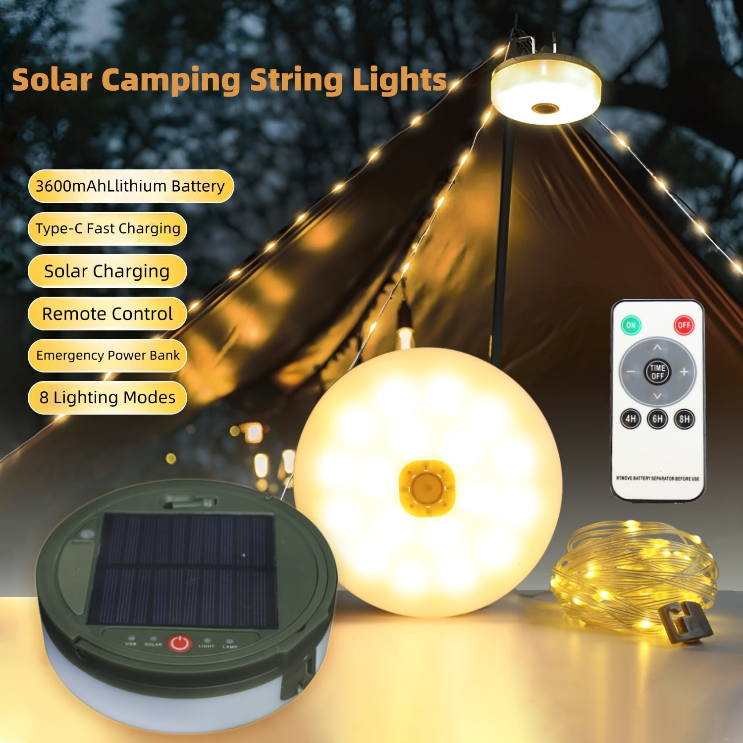 Solar Camping String Lights,Portable Waterproof Camping Lamp,32.8FT Fairy String Lights 100 LEDs with 8 Lighting Modes, Hanging Rechargeable Tent Lantern for Awning Garden Party Decor-Remote Control