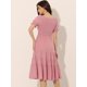 thumbnail image 4 of Vestido escalonado fruncido para mujer, cuello redondo, manga farol elástica, vestido informal de línea A Rosa L, 4 of 6