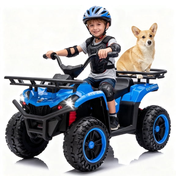 24V Ride on Car, Kids ATV Quad with Bluetooth Music w/Storage Racs, Anti-Slip Tires, 160W Motors, Crash Bars, Power Display, LED Lights & Bluetooth, 24 Volt Ride on Toys for Toddlers Ages 3 , Blue