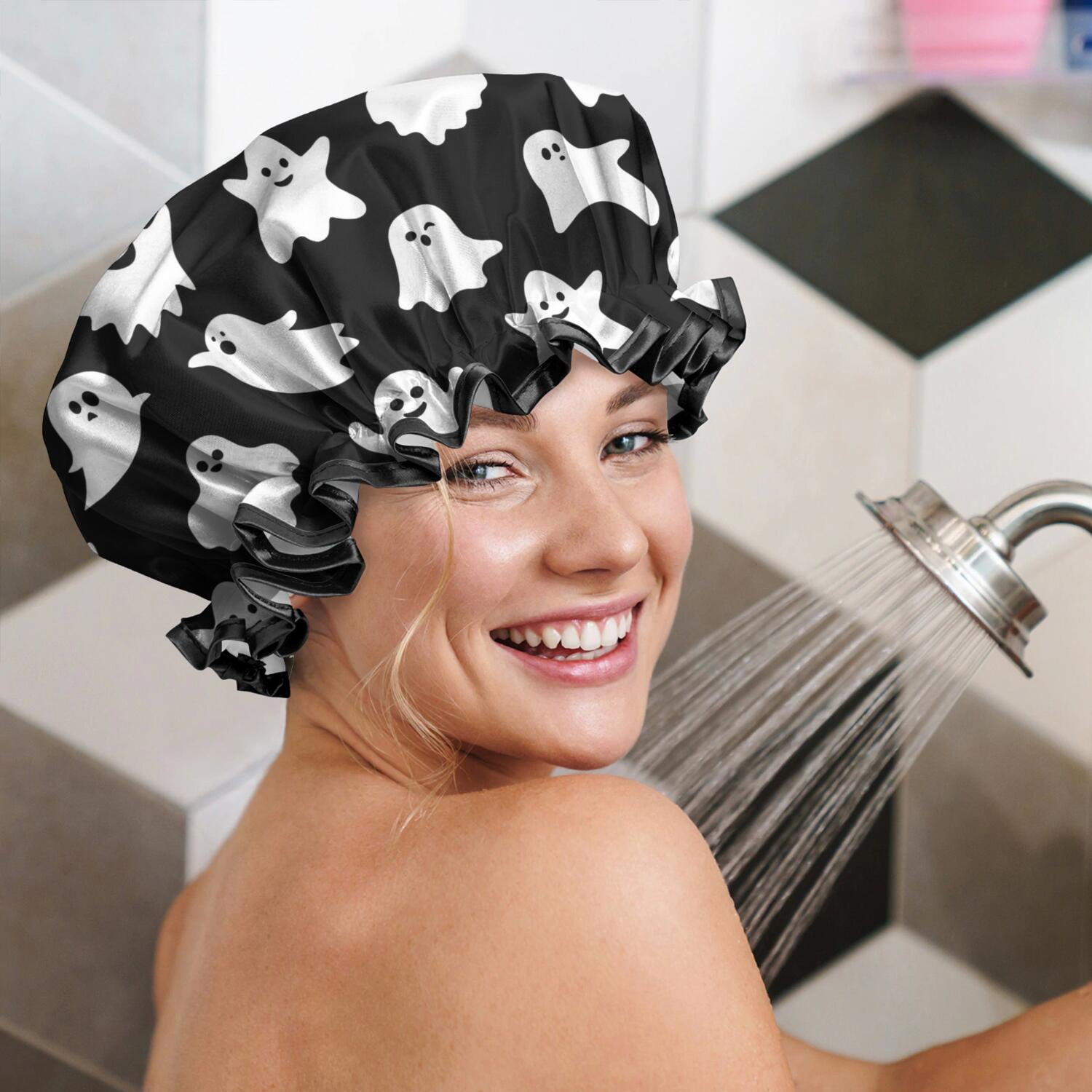Shower Caps,Black Halloween Ghosts Waterproof Shower Cap for Women 4 Pieces,Double Reusable Hair Cover for Shower PEVA Elastic Stretch Hem