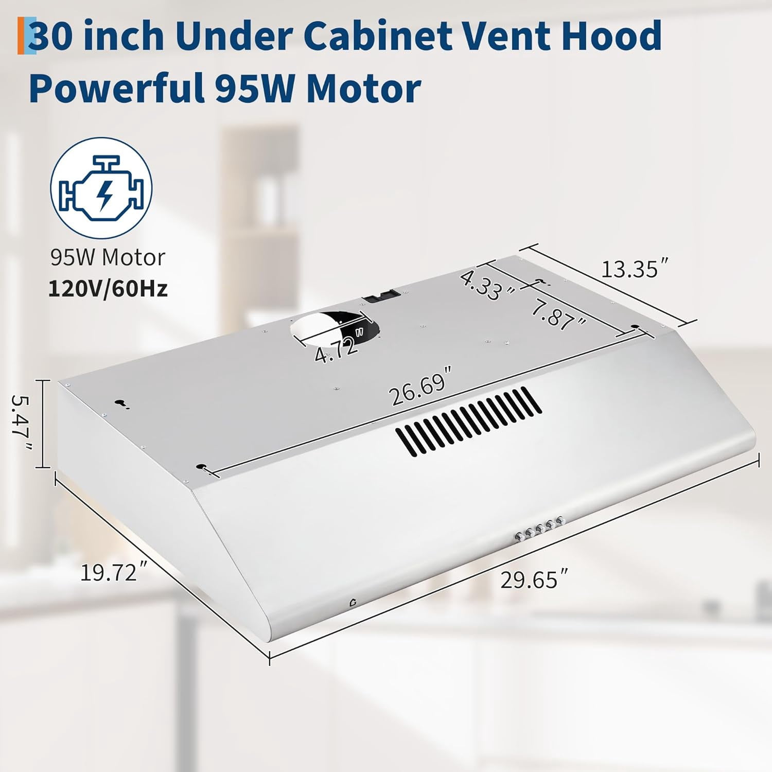 Juiluna Range Hood 30 Inch Under Cabinet, Stainless Steel Stove Vent Hood, 200CFM, 3-Speed Exhaust Fan, Button Controls, LED Lights, Reusable Baffle Filters, Silver
