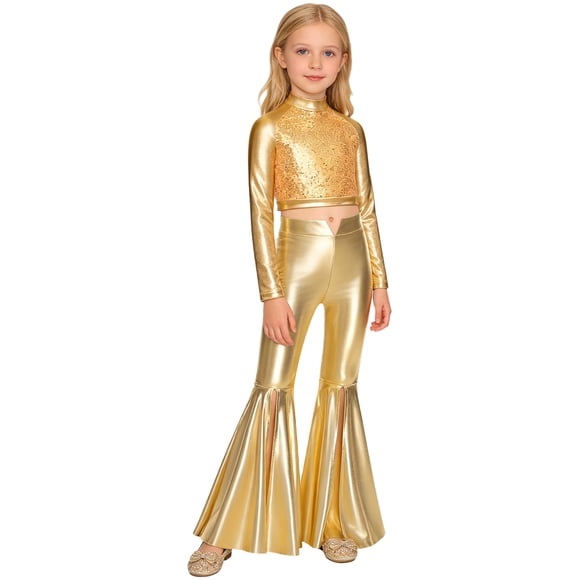 dPois Girls Sequin Dance Clothes Set Hip Hop Jazz Modern Dancing Outfits Theme Party Dancewear Gold 14