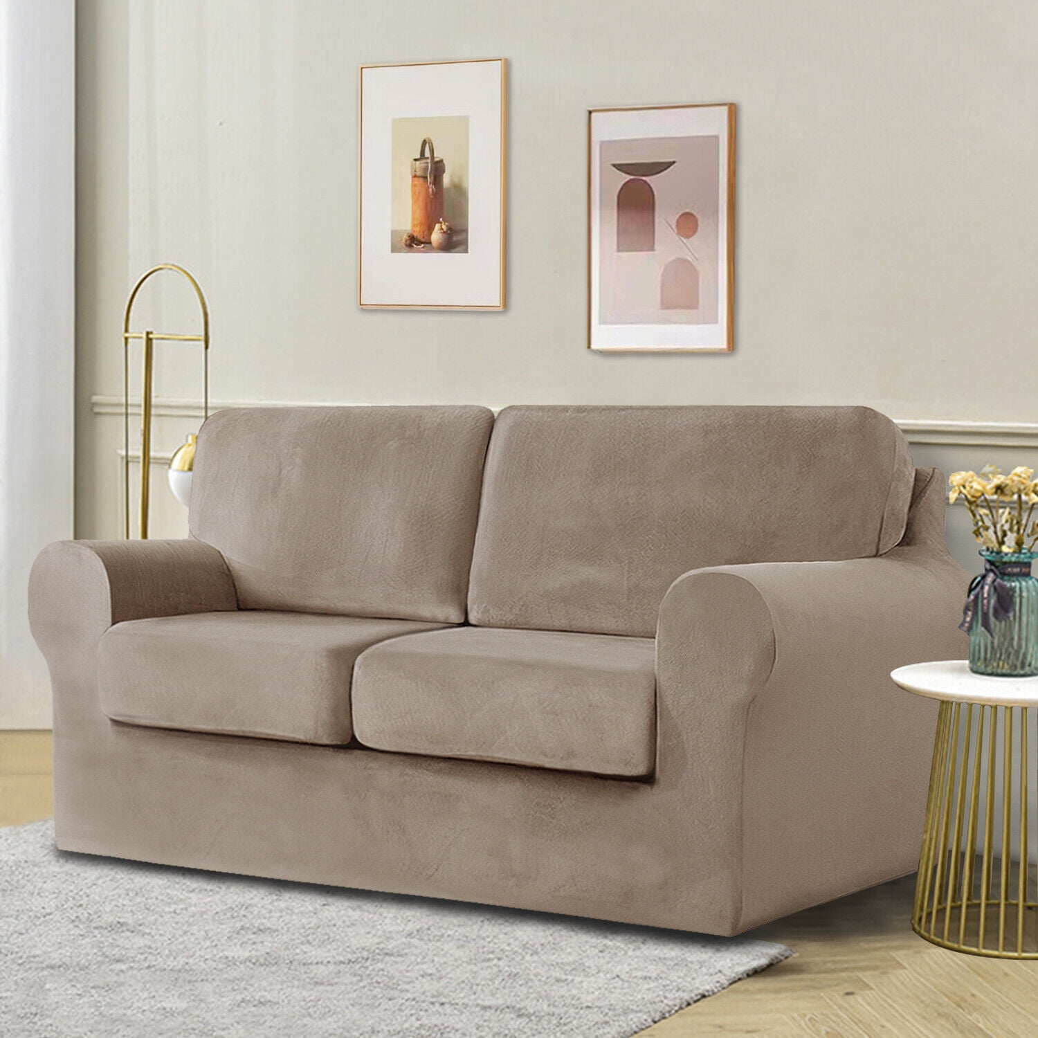TOPCHANCES 3-Pieces Armchair Sofa Covers, Velvet Stretch Couch Slipcovers for 1 Cushion Sofa, Anti-Slip Furniture Slipcover with Separate Cushion Covers and Backrest Covers (Taupe)