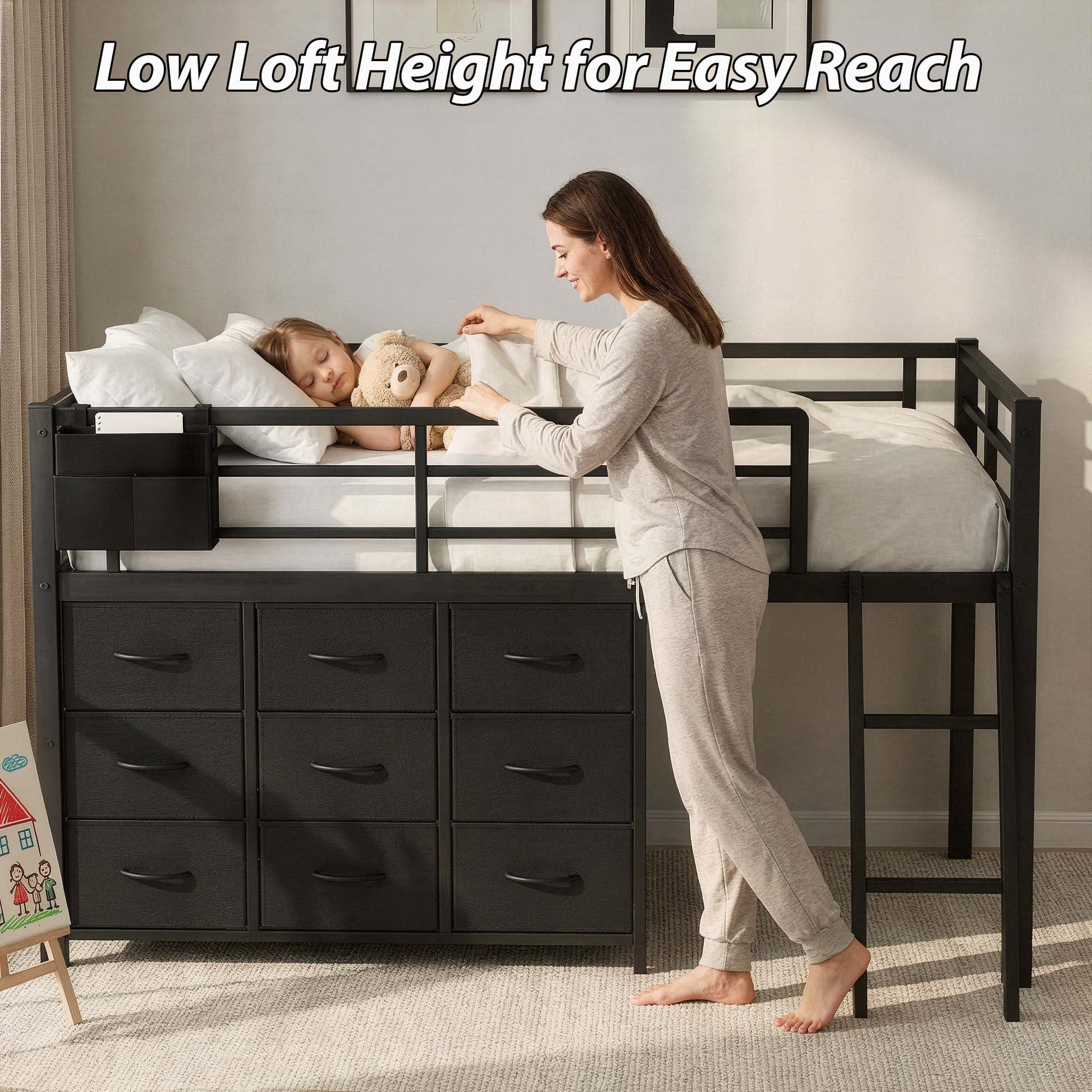 Twin Low Loft Bed with Storage, Metal Twin Loft Bed Frame with 9 Drawers, 2 Shelves, LED Lights and Charging Station, Black