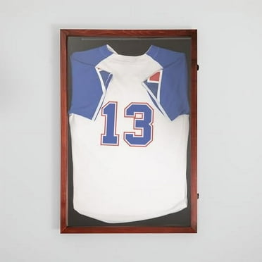BizChair 24x36 Jersey Display Case with Solid Pine Wood Frame, UV Treated Window, Velvet Backing Board, and Anti-Theft Lock in Mahogany