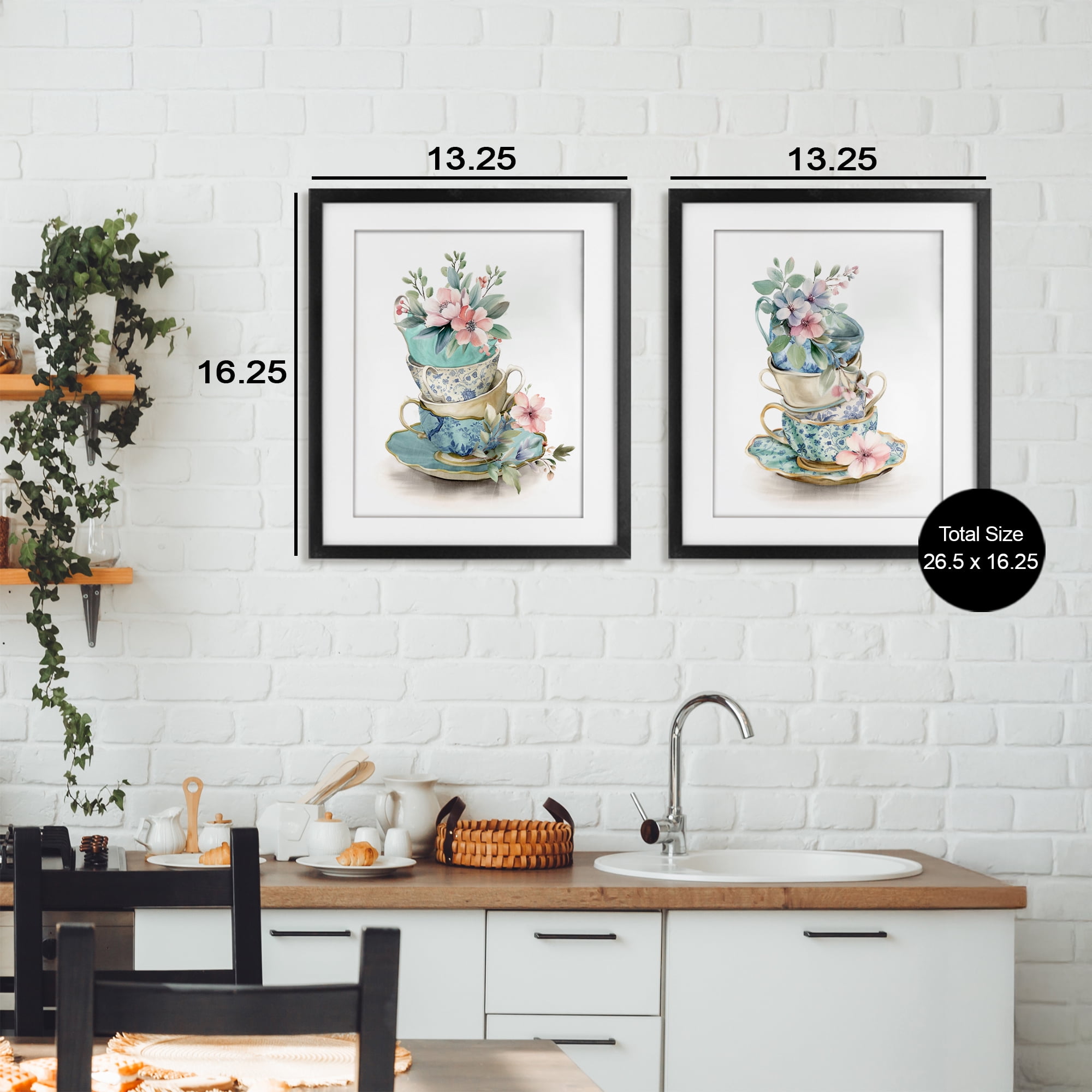 Stupell Industries Stacked Teacup Chinoiserie 2 Piece Black Framed Print Under Glass Set, design by Kim Allen
