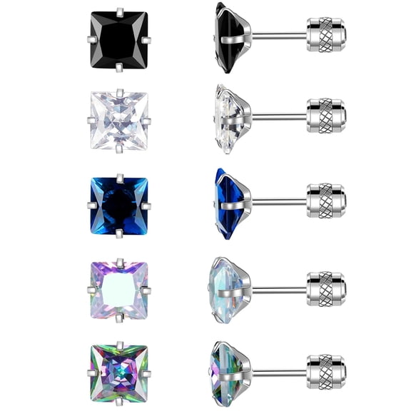 GEMSME Silver Stud Earrings Sets for Women Stainless Steel Hypoallergenic Earrings 5 Pairs 14K White Gold Plated  6mm Princess Rainbow Cubic Zirconia Men Holiday Earrings Jewelry Gifts