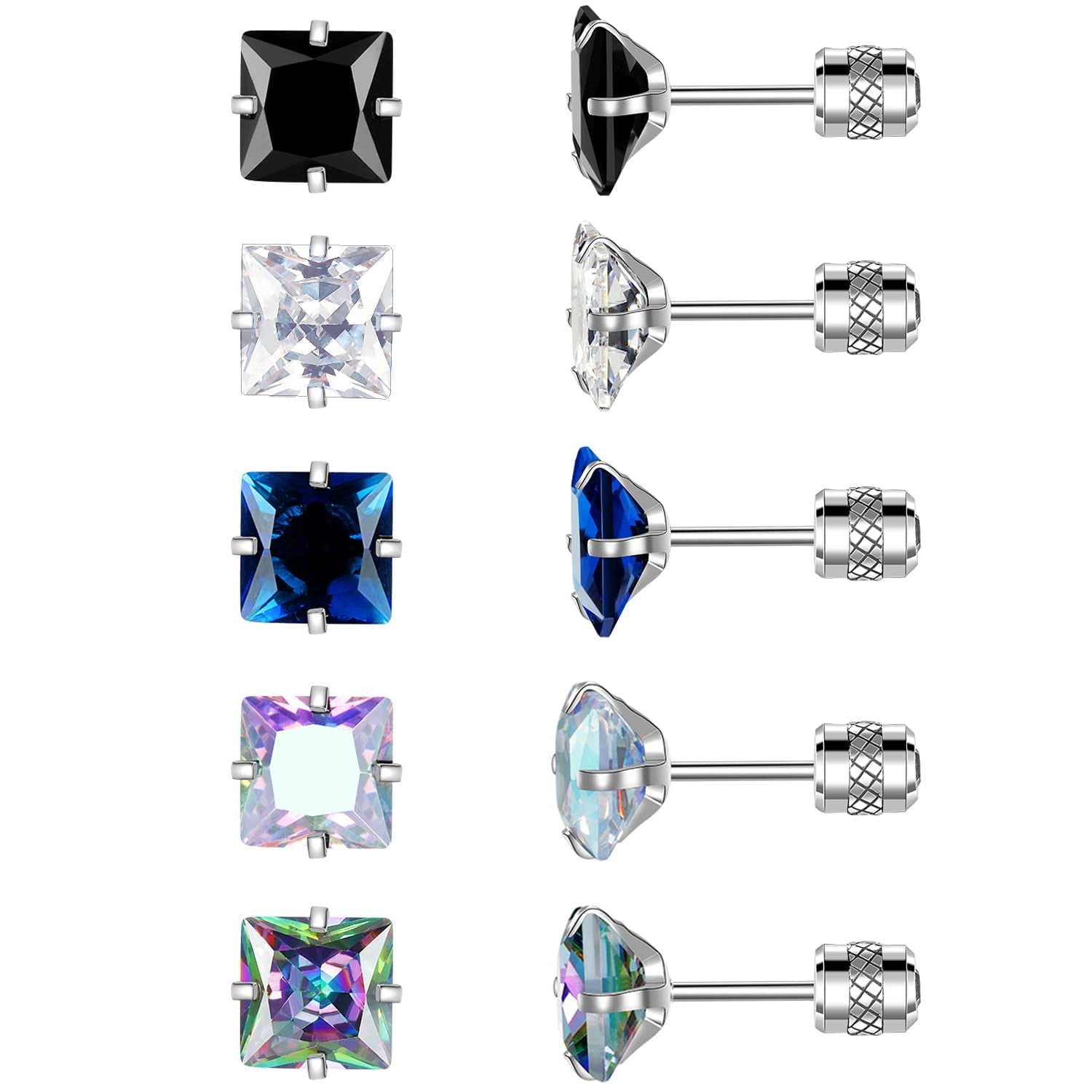 GEMSME 5-Pack Hypoallergenic Stud Earrings for Women 14K White Gold Plated Stainless Steel 6mm Rainbow Princess Cubic Zirconia Unisex Holiday Jewelry
