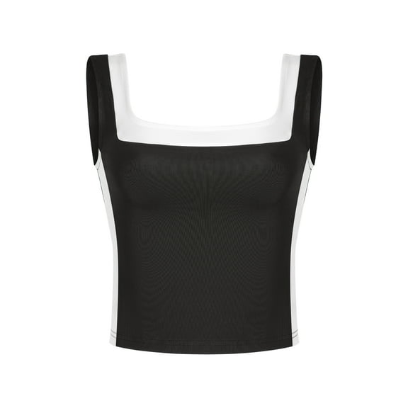 ATHLECHIC Women's Slim Fitted Crop Tank Top Color Block Square Neck Sports Camisole for Summer S Black