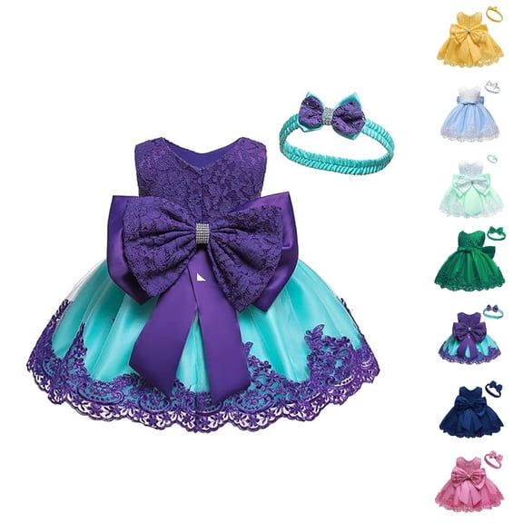 HJYCHN Kids Dress Sleeveless V Neck Lace Party Gown with Satin Bow and Headband for Carnival Girls Dress 12-18 Months