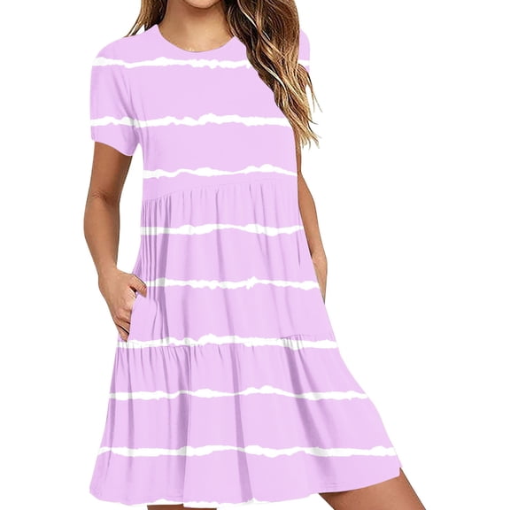 DeHolifer Womens Casual Dress Summer Beach Striped Dress Short Sleeve Crewneck Knee Length Dresses Loose Sundress Purple XL