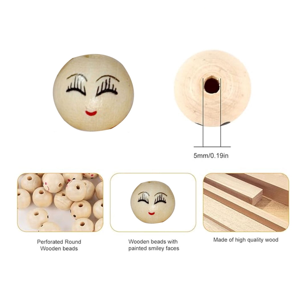 100Pcs Smiles Wood Beads Natural Wood Beads for Crafting Wooden Faced Beads, Wooden Balls with Hole for DIY Decor Craft