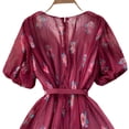 thumbnail image 3 of YM YOUMU Women Summer Floral Print V Neck Short Puff Sleeves Pleated Dress A Line Ruffle Hem Holiday Dress with Belt, 3 of 5