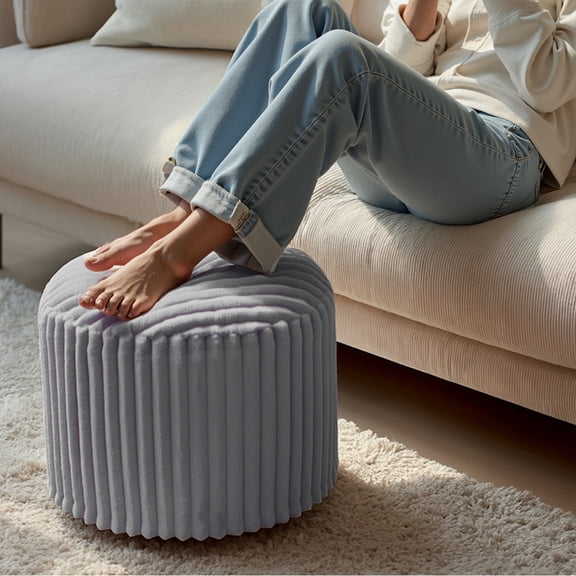 WHIFEA 20" Fluffy Faux Fur Ottoman, Round Pouf Footrest, Mooncake Foot Stool, Paran Accent Pouf For Modern Interior Design, Fluffy Furry Vanity Chair, Soft Seat Reading Chair, Gray