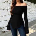 thumbnail image 7 of Xaqiouau Off Shoulder Sweater for Women Ribbed Knit Long Sleeve Bell Sleeve Slim Fit Asymmetrical Hem Pullover Casual Fall Winter Top, 7 of 7