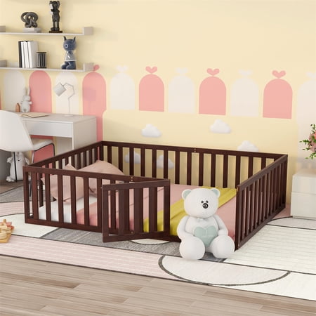 INCLAKE Floor Queen Bed Frame for Kids Toddler  Queen Size Wood Floor Bed Frame with Fence and Door  Wood Queen Bed Frame for Home Bedroom  No Box Spring Needed  Walnut