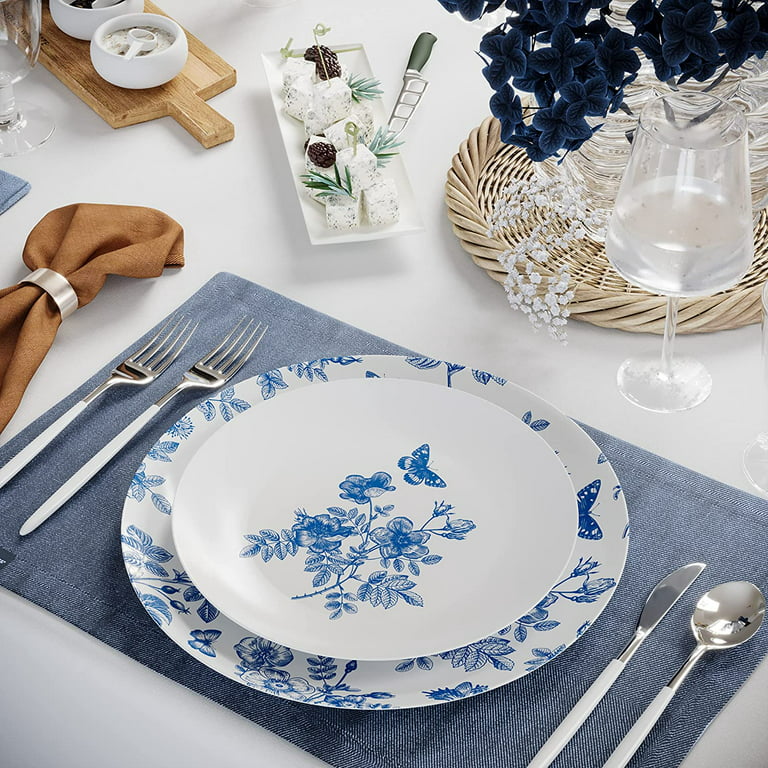 Bella Design 10.25 White w/ Blue Floral Overlay Plastic Dinner