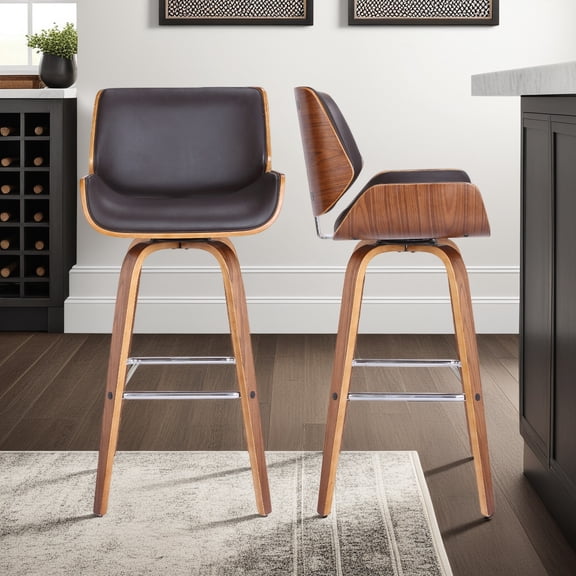 Tyler 30" Bar Height Swivel Brown Faux Leather and Walnut Wood Bar Stool - Set of 2