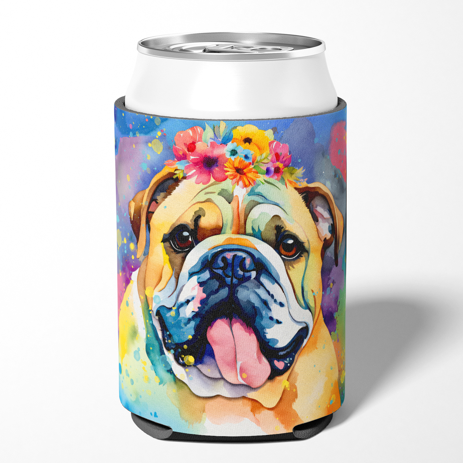 English Bulldog Hippie Dawg Can or Bottle Hugger 3 in x 5 in