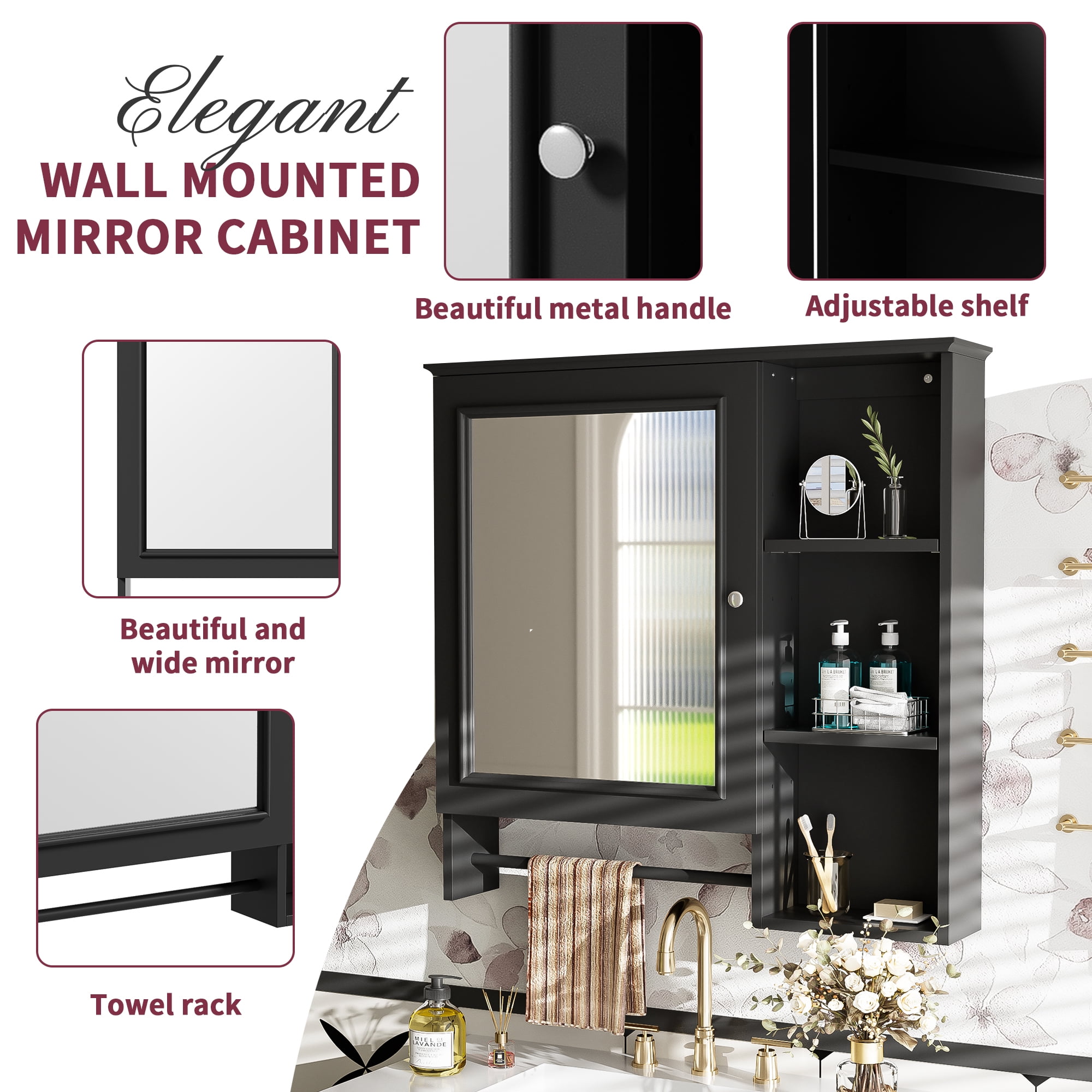 Euroco Wall Mounted Bathroom Storage Cabinet, Medicine Cabinets with large mirror door, adjustable shelves and three open storage levels(Not Include Bathroom Vanity )