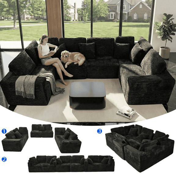 SEENYOO 135.5" Cloud Couch,Boneless Sectional Sofa for Living Room,Black U Shaped Couch with Chaise,6-Seater,Corduroy Fabric,Freely Configurable Layout