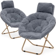 Round Foldable Oversized Moon Saucer Chair for Adults with Head Rest Large Cozy Chair for Bedroom, Gray, Set of 2
