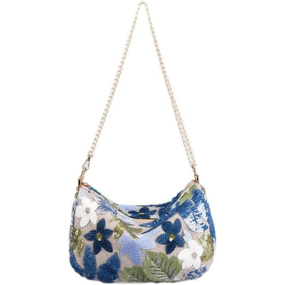 Women's Floral Embroidery Purse Sequins Shoulder Bag Summer Party Purse Sparkling Evening Crossbody