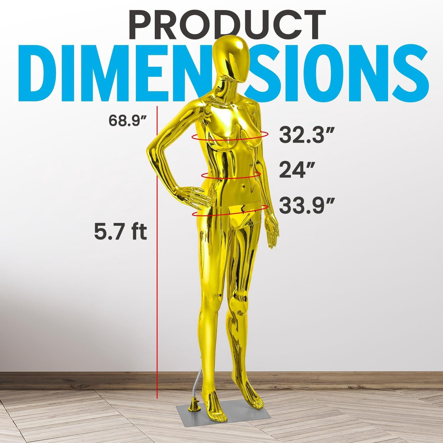 Female Mannequin - Premium Quality Construction, Detailed Dimensions for Realistic Proportions, Sturdy, Durable, and Secure, Versatile Display for Various Clothing Styles, Gold