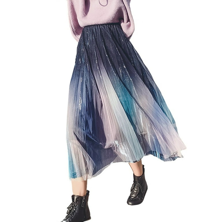 Womens Gradient Color Skirt Fashion Mesh Yarn High Waist Pleated