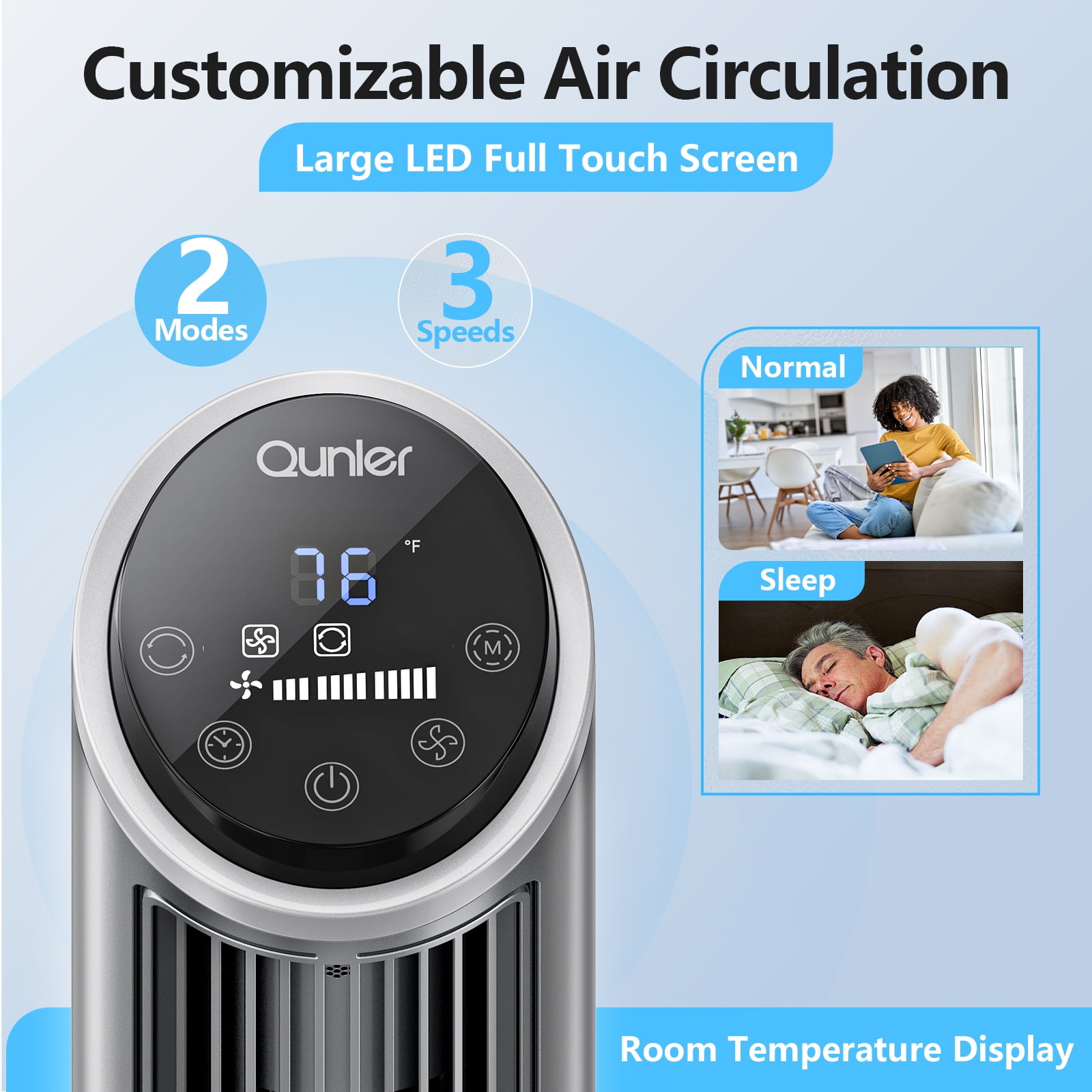 Qunler Tower Fan with Remote, 40" Bladeless Fan for Home, 70° Oscillation, 3 Speeds, 2 Modes, 15H Timer Quiet AC Motor Floor Fan for Bedroom, Office, Gray