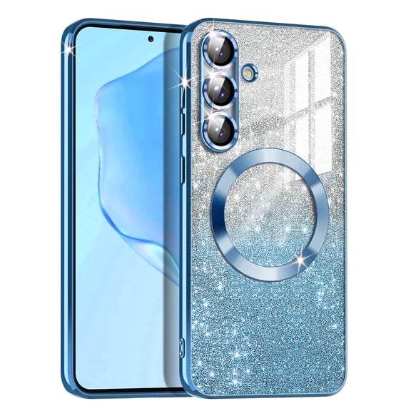 Casetego For Samsung Galaxy S25 FE Case,Clear Magnetic Glitter Gradient Sparkle Luxury Plated Soft TPU Bumper Full Camera Lens Protector,Blue