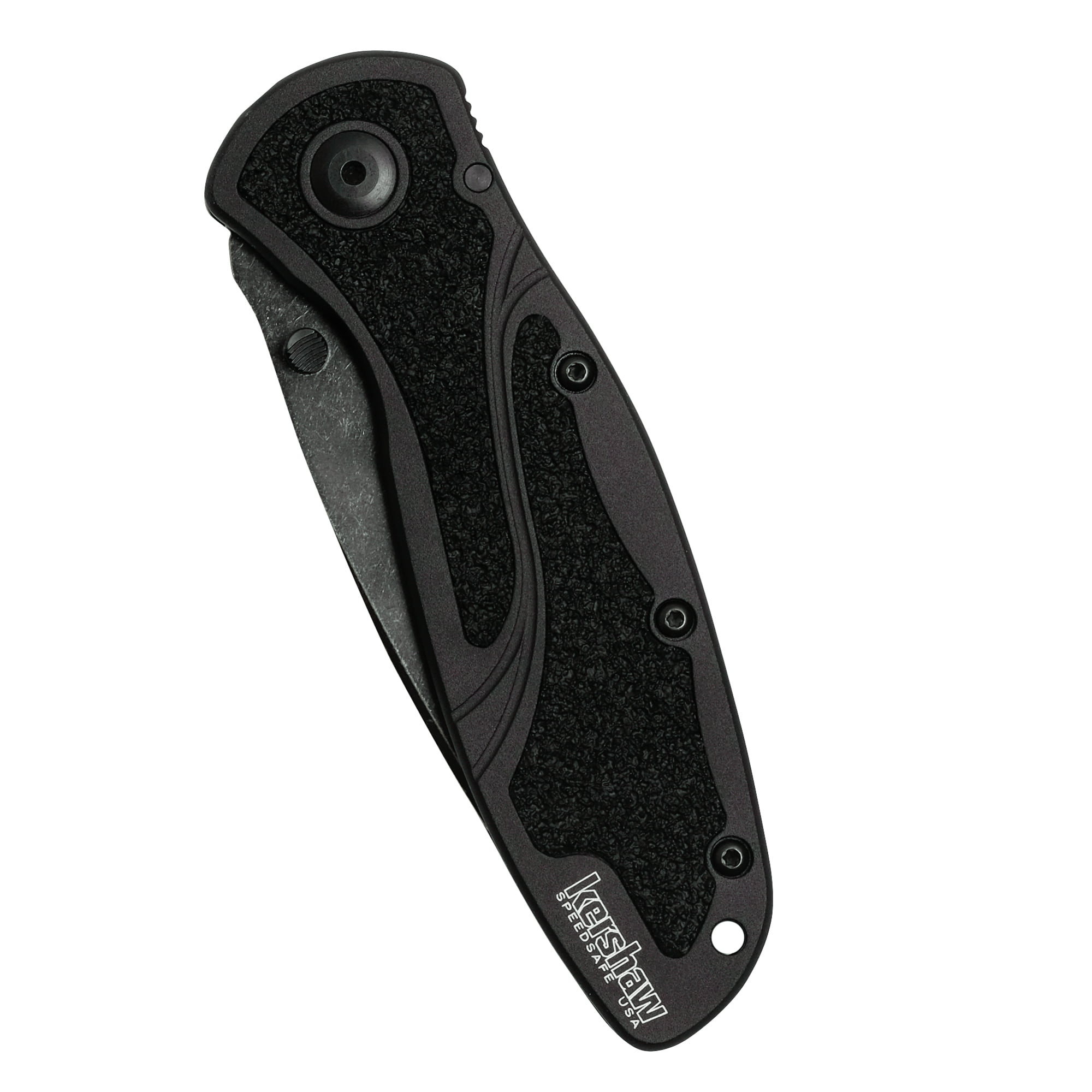 Kershaw Blur Blackwash Folding Knife (1670BW); 3.4” BlackWash 14C28N Steel Blade; Black Anodized Aluminum Handle with Black Textured Trac-Tec Inserts, SpeedSafe Opening, Reversible Pocketclip; 3.9 OZ