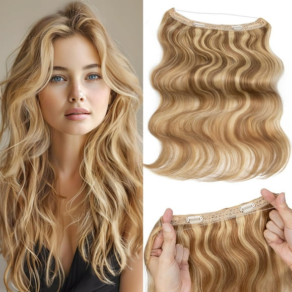 Halo Hair Extensions Real Human Hair,Prokyvity Halo Hair Extension 100% Human Hair,Wavy Halo Extensions Human Hair,Curly Human Hair Halo Extensions,12P613 Gold
